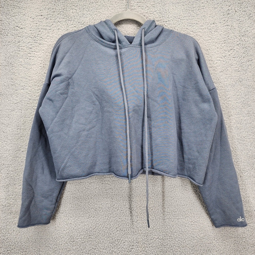Alo Yoga Women Cropped Hoodie Blue Gray Raw Hem French Terry Pullover
